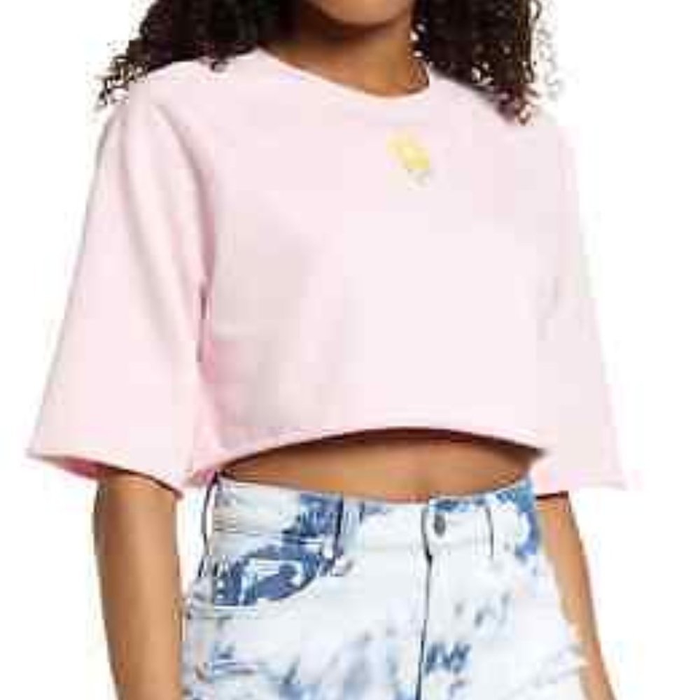 Nordstrom BP NWT Pink Crop Sweatshirt, Embroidered Flower Sz: M